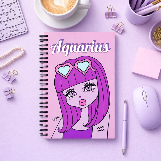 Notebook with Aquarius character design on a desk with office supplies