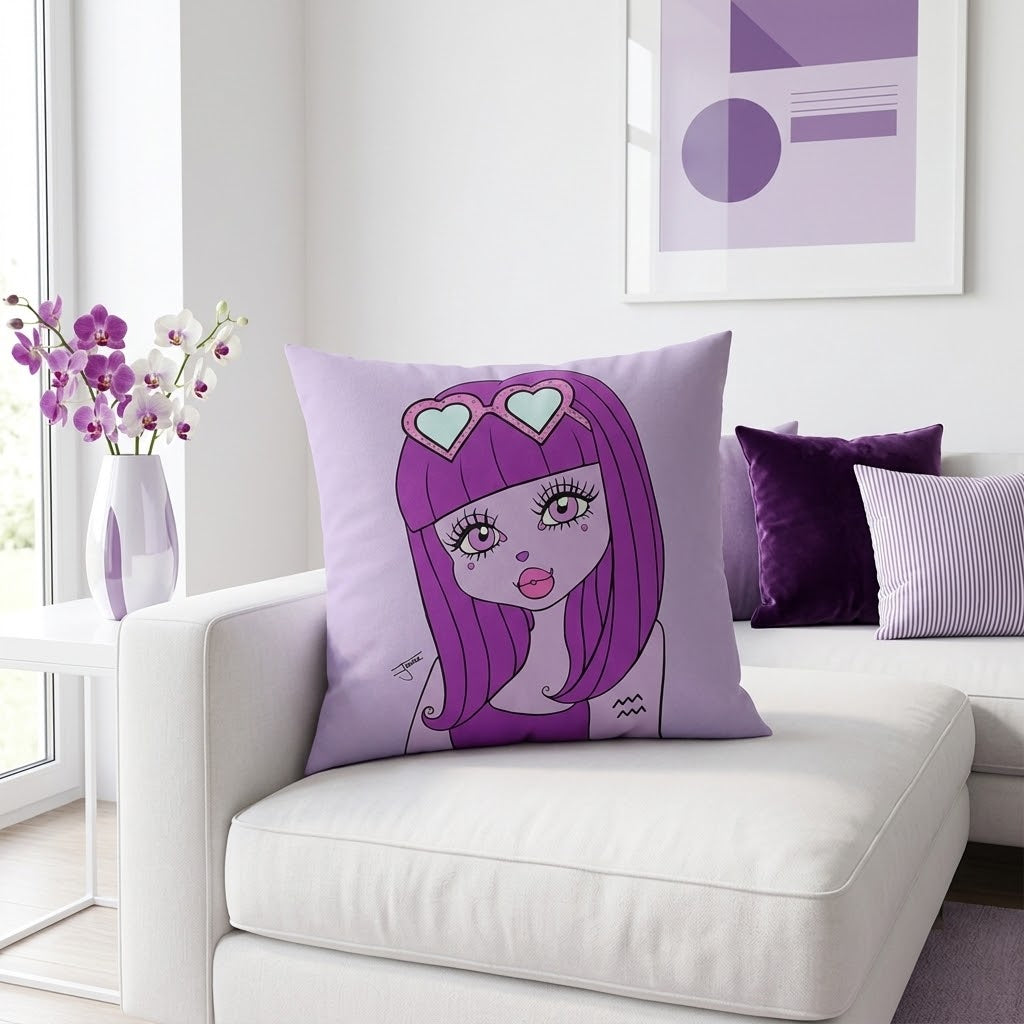 A square lavender throw pillow featuring a stylized cartoon illustration of a girl with purple hair and heart-shaped sunglasses, styled on a white sofa in a bright, modern living room.