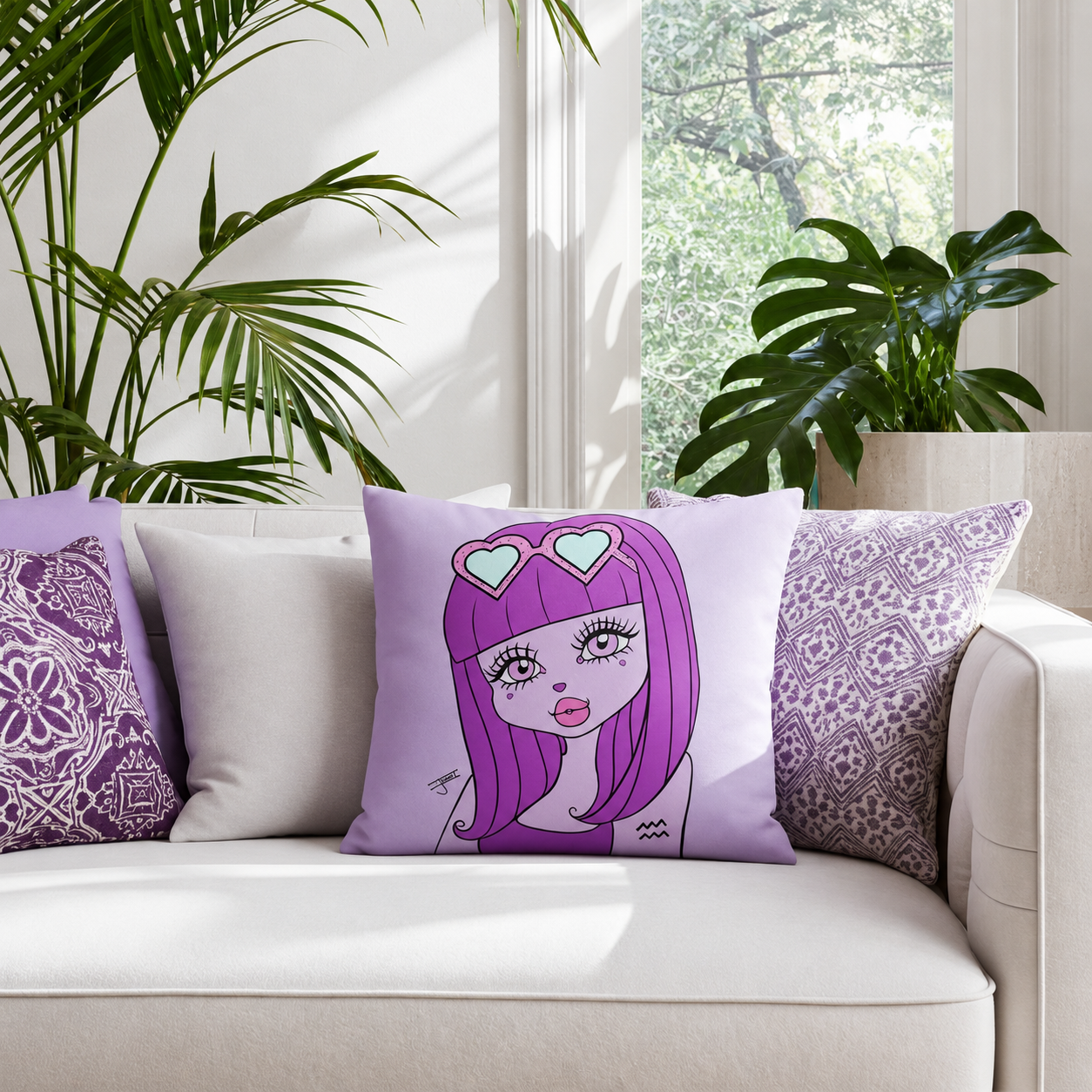 A square lavender throw pillow featuring an Aquarius character design, styled on a white sofa with other patterned pillows in a bright room with green plants.