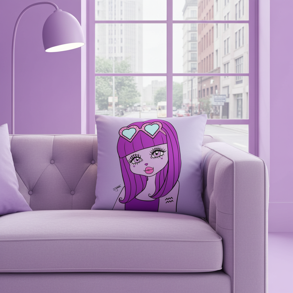 Purple couch with a pillow featuring an Aquarius character in a room with purple walls.