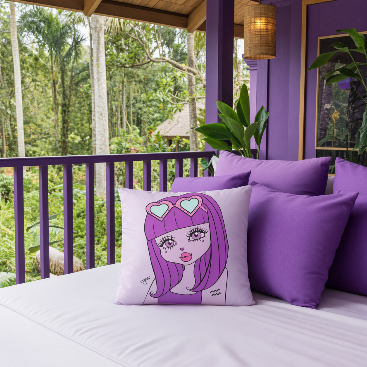 Purple pillows with an Aquarius character design on a bed with a forest view