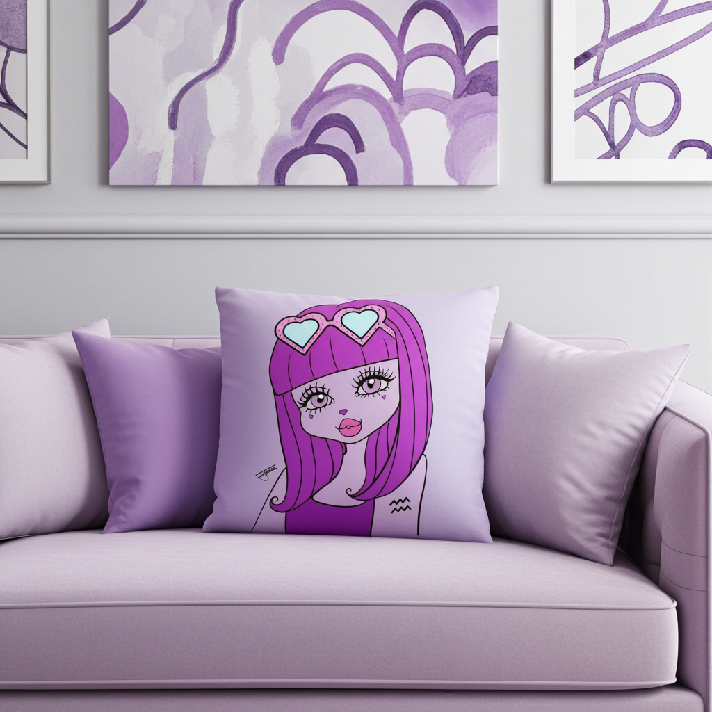 Purple pillow with an Aquarius character on a gray sofa, with matching wall art in the background.