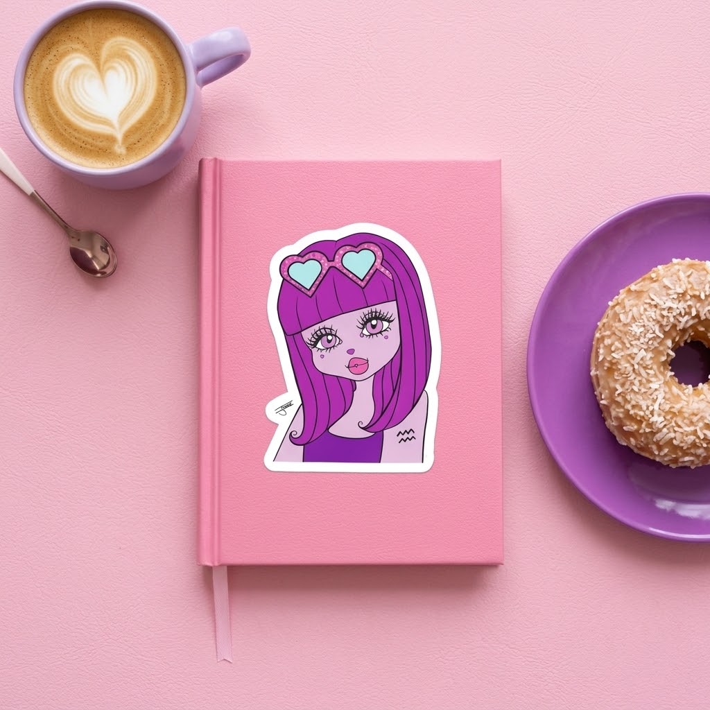 A pink hardcover notebook with a die-cut sticker of a cartoon girl with purple hair and heart-shaped glasses, styled on a pink surface with a coffee cup, spoon, and donut.