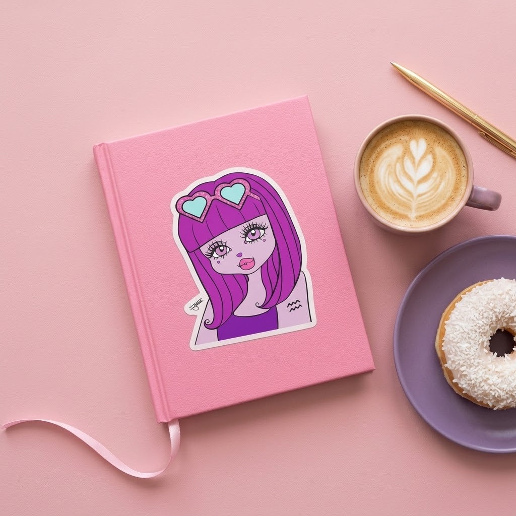 A pink hardcover notebook with a cartoon sticker of a girl with purple hair and heart-shaped sunglasses, styled on a pink background with a cup of latte, a donut, and a gold pen.