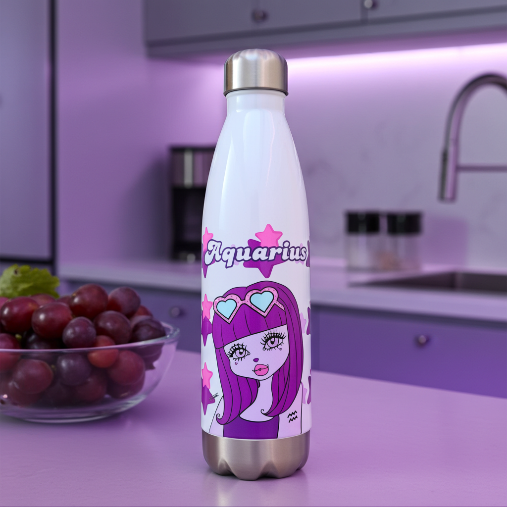 White water bottle with Aquarius character design in a kitchen setting