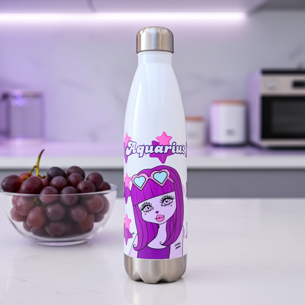 Thermos bottle with Aquarius character design on a kitchen counter with grapes