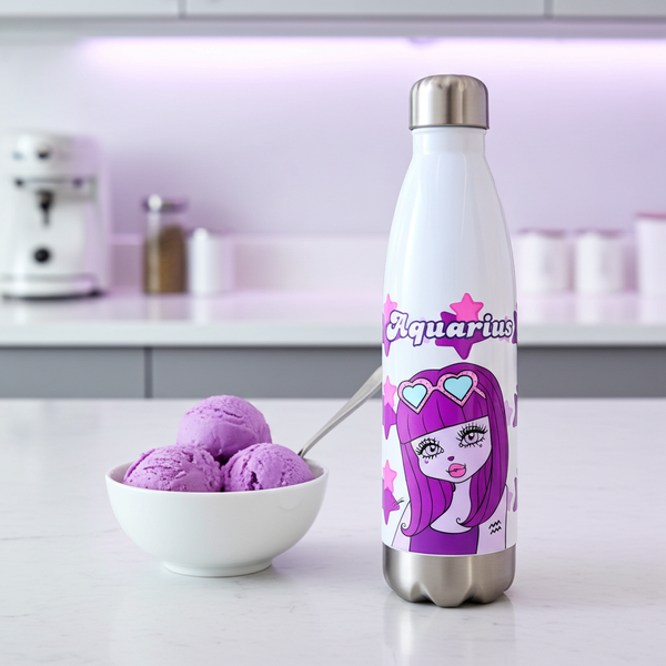 Stainless steel thermos bottle with Aquarius character design on a kitchen counter with purple ice cream.