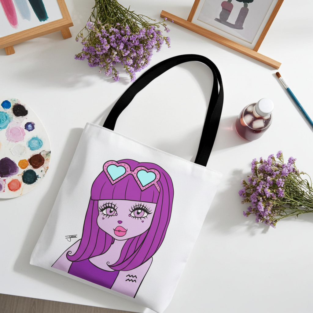 Tote bag with a Aquarius character design on a table with flowers and art supplies.