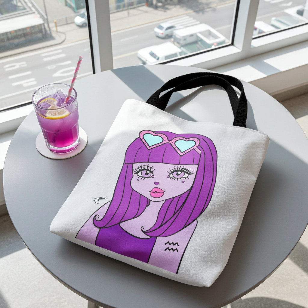 Tote bag with an Aquarius character with purple hair on a table near a window.