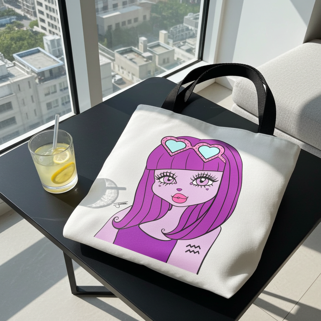 Tote bag with an Aquarius character design on a table by a window