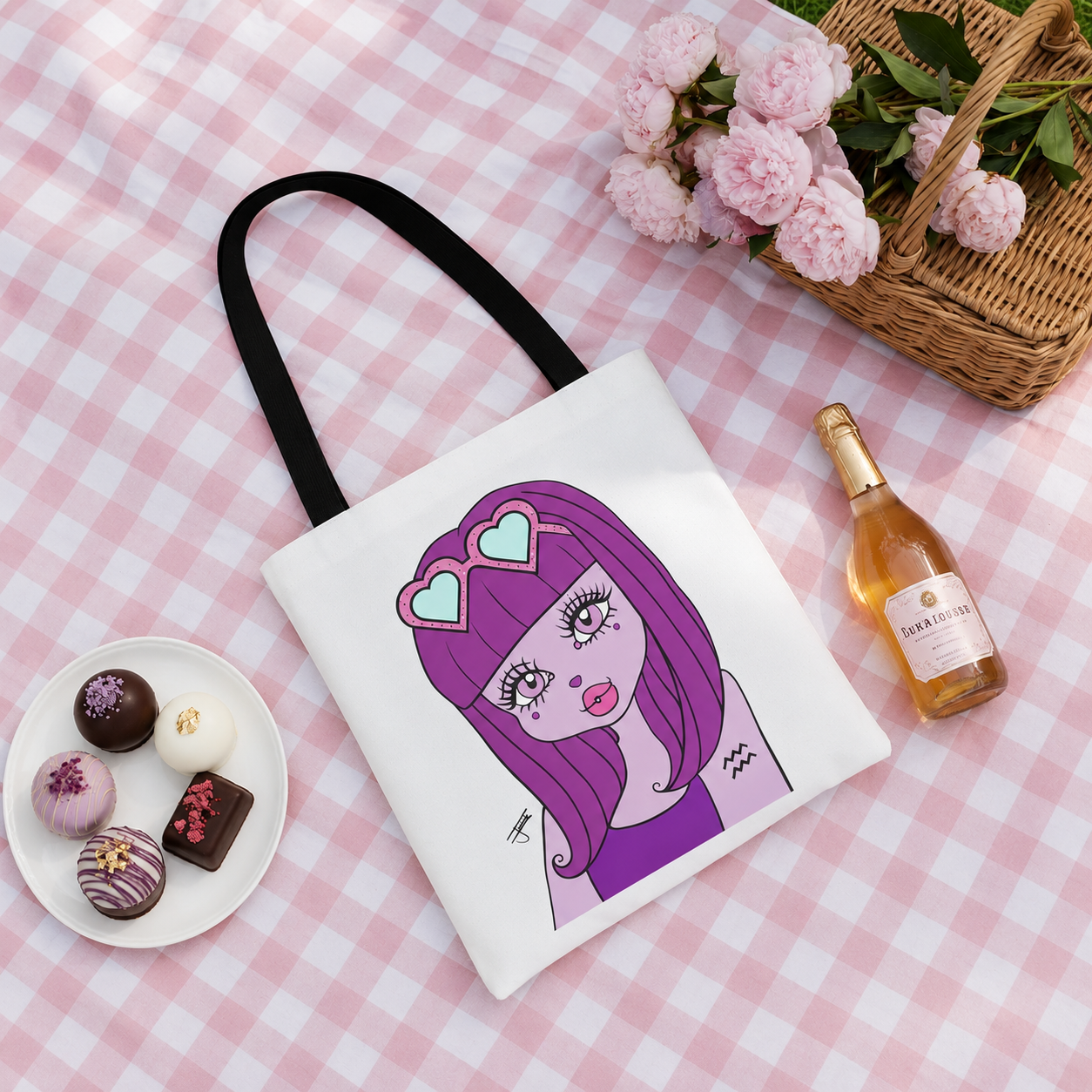 Tote bag with an Aquarius character design on a pink checkered tablecloth with flowers and chocolates.