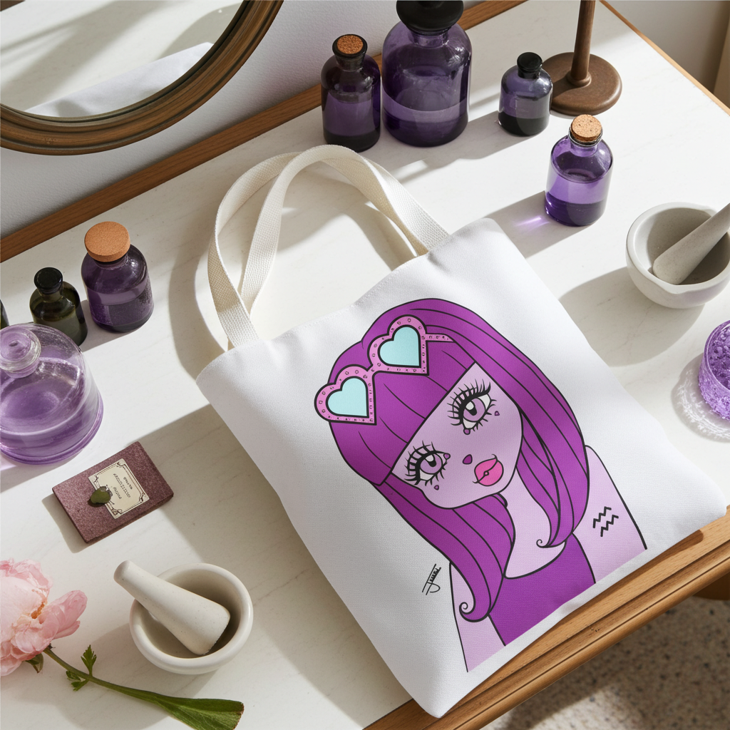 Tote bag with an Aquarius character design on a table with purple bottles and a mirror.