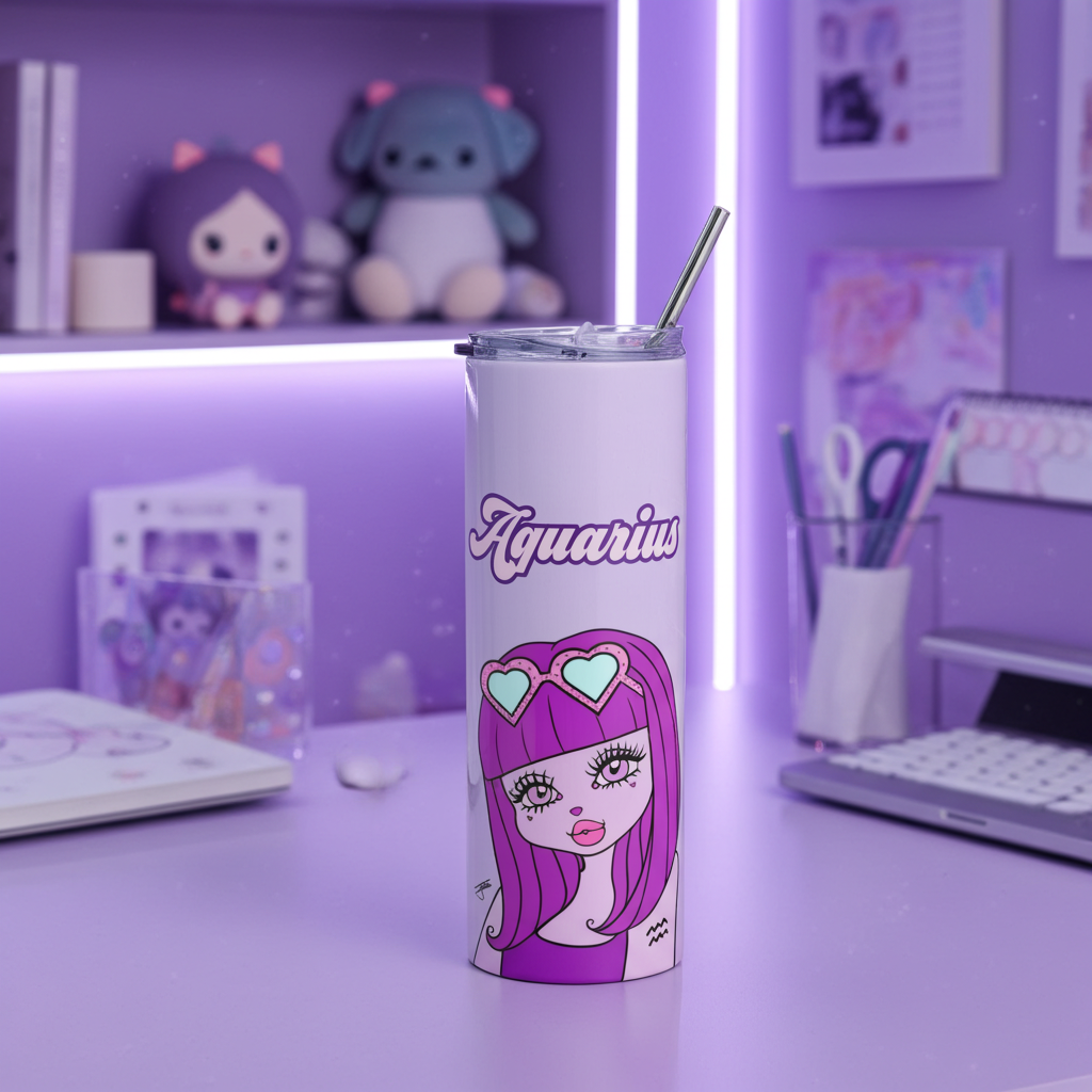 Tumbler with an Aquarius character design on a purple desk with decorative items.