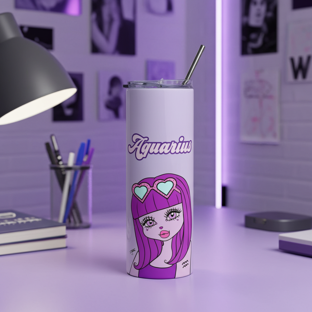 Tumbler with an Aquarius character design on a desk with purple lighting