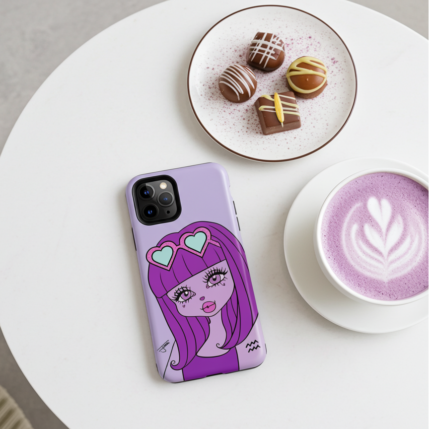 Phone case with a purple Aquarius character design on a white table with a cup of coffee and pastries.