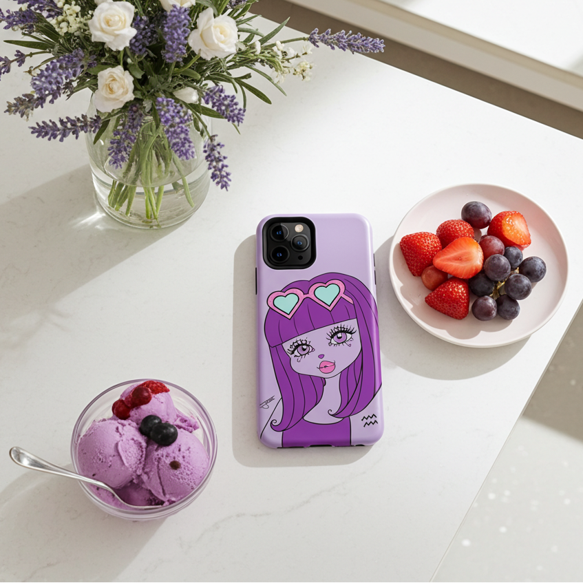 A purple phone case with an aquarius character design, displayed on a white marble table next to a bowl of ice cream, a plate of fruit, and a vase of lavender flowers.