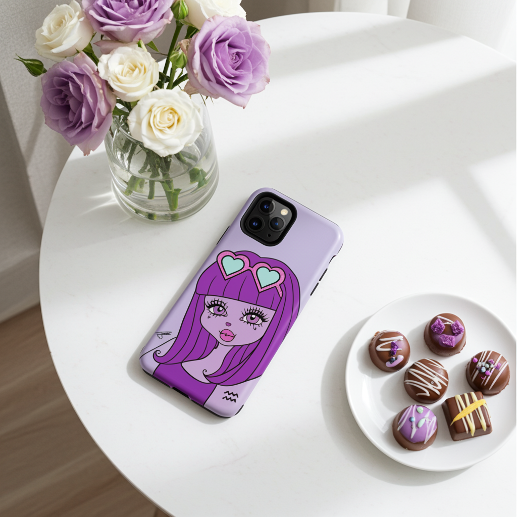 Phone case with an Aquarius character design on a white table with flowers and chocolates.