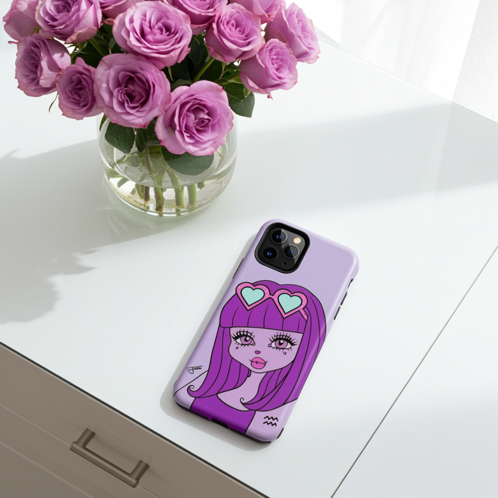 Phone case with an Aquarius character design on a white surface with pink roses.