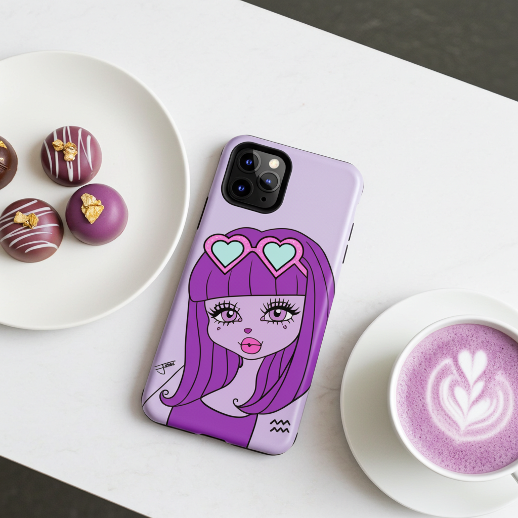 Phone case with an Aquarius character design on a table with pastries and a latte.
