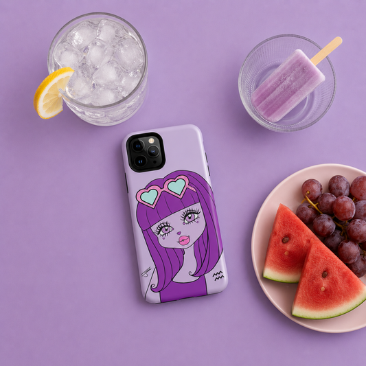 iPhone case with an Aquarius character design on a purple table next to a plate of summer fruits, a glass of ice water, and a frozen popsicle.