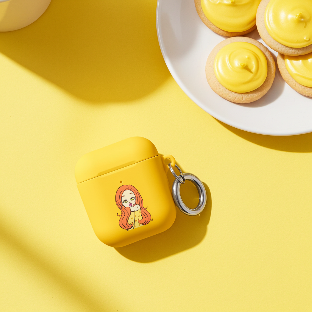 Yellow airpod case with Aries character design on a yellow background with cookies.