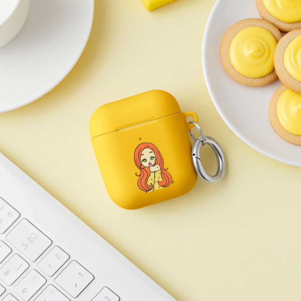 Yellow airpod case with an Aries character design on a yellow surface with cookies and a keyboard.