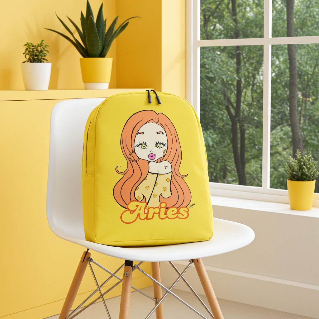 Yellow backpack with a cartoon design of a girl with orange hair and 'Aries' text on a white chair in a room with yellow walls and plants.