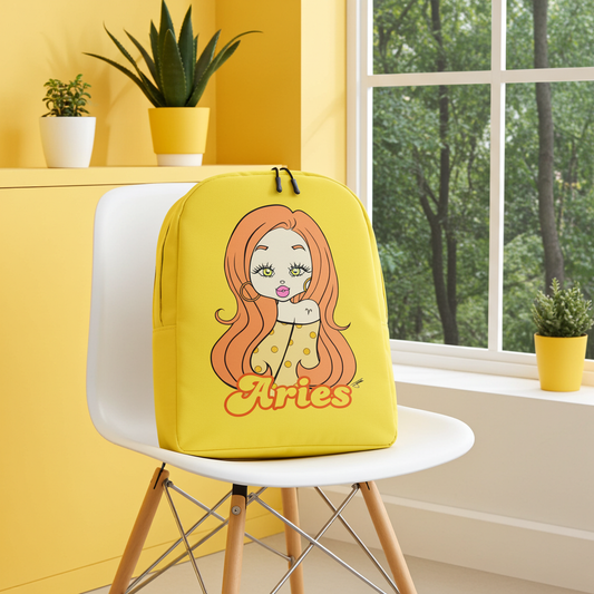 Yellow backpack with a cartoon design of a girl with orange hair and 'Aries' text on a white chair in a room with yellow walls and plants.