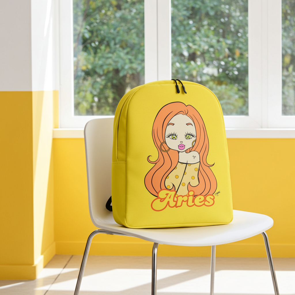 Yellow backpack with a cartoon design and 'Aries' text on a white chair against a yellow wall.