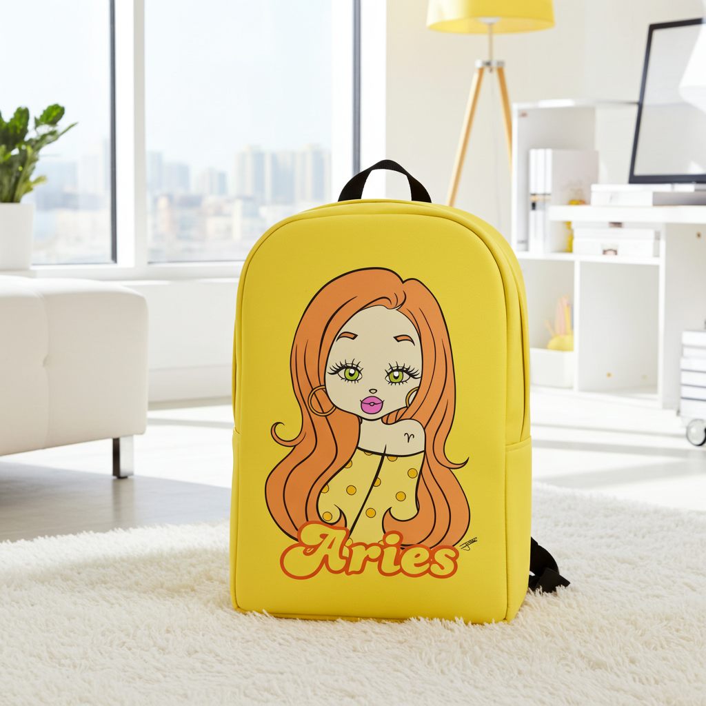 A bright yellow backpack featuring a cartoon illustration of a girl with long orange hair and the word 'Aries' printed below, standing on a white rug in a modern, sunlit room.