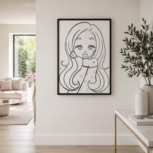 A framed black and white line art print of an Aries character design , displayed on a white wall in a modern, sunlit living room with a console table and plant.
