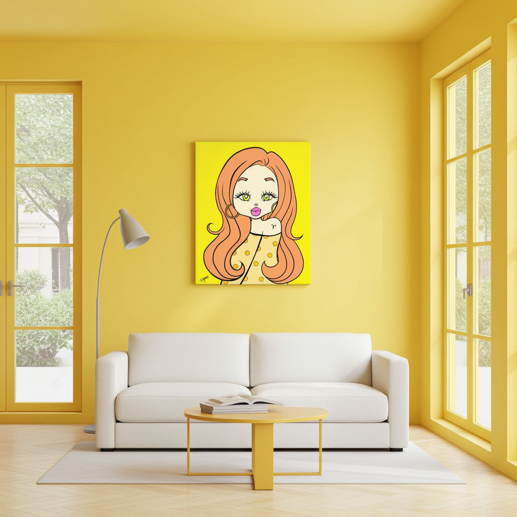 Living room with a yellow wall, white sofa, and a colorful painting of an Aries character.