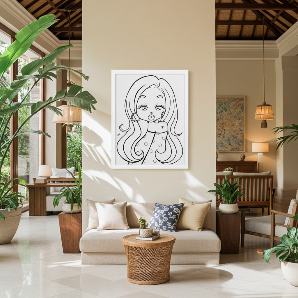 Living room with a beige sofa, wicker coffee table, and framed poster of an Aries character.