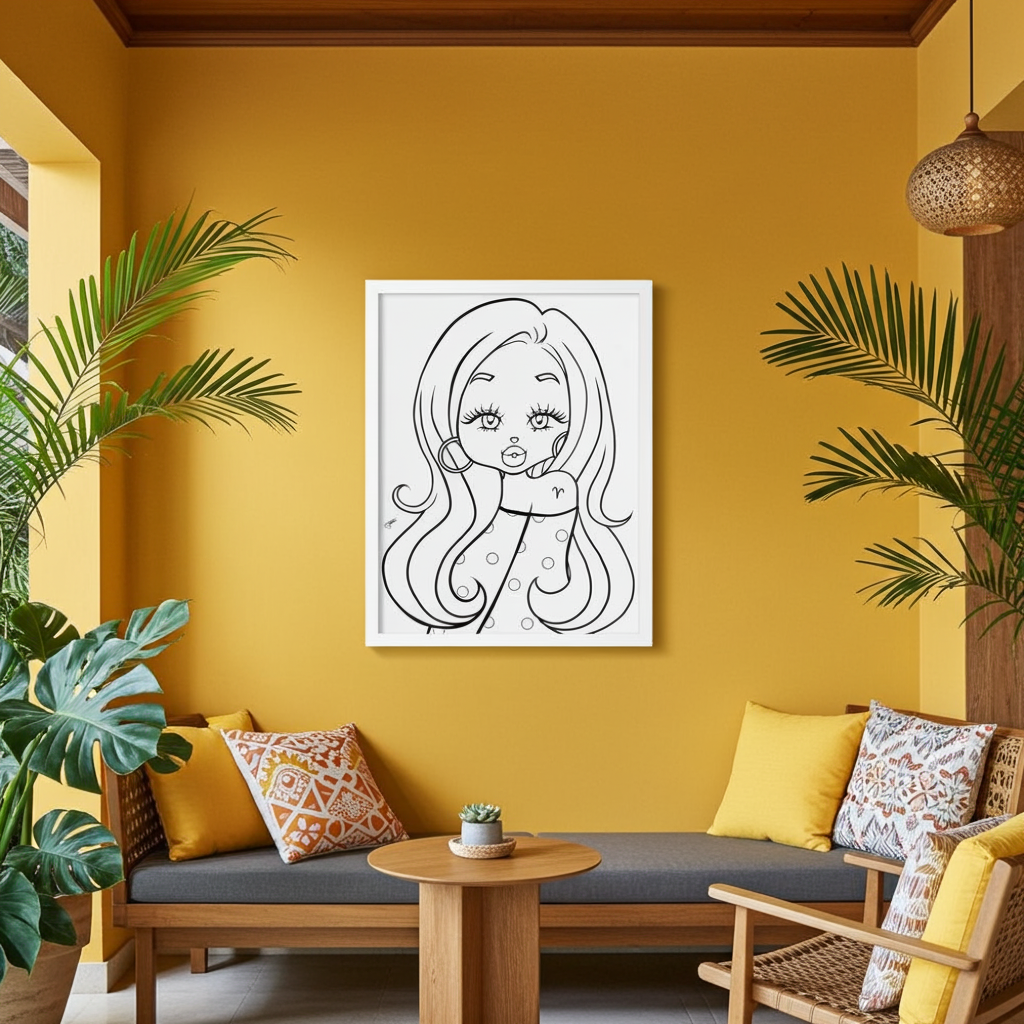Living room with yellow walls, a sofa, and a framed illustration of an Aries character.