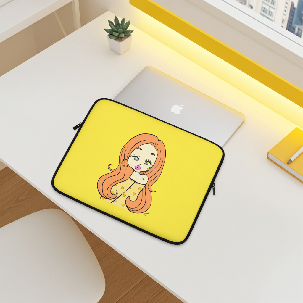 Yellow laptop sleeve with an Aries character design on a desk