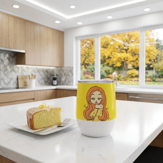 A yellow and white insulated tumbler with a cartoon illustration of a woman with red hair sits on a white kitchen island next to a slice of cake on a plate. The background shows a modern kitchen with a window looking out onto yellow autumn trees.