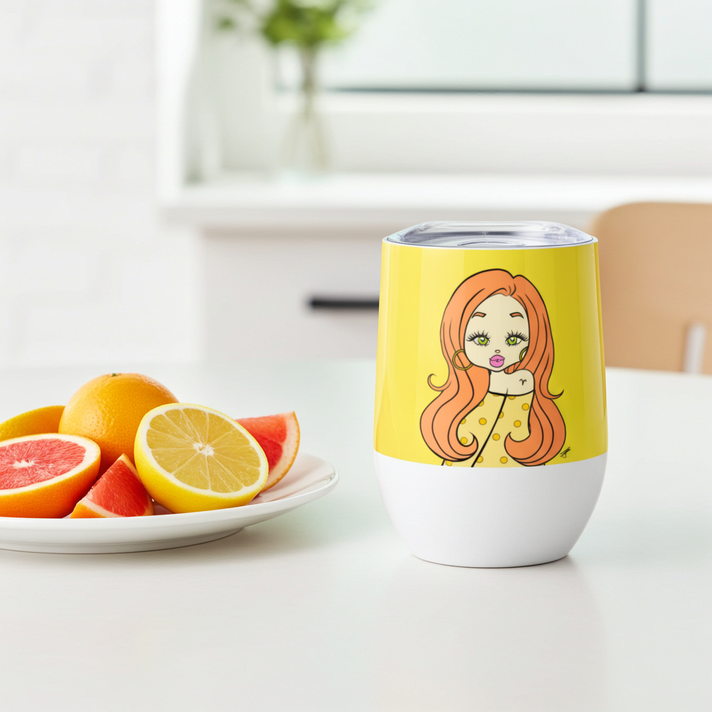 Yellow tumbler with an Aries character on a kitchen counter with fruits.