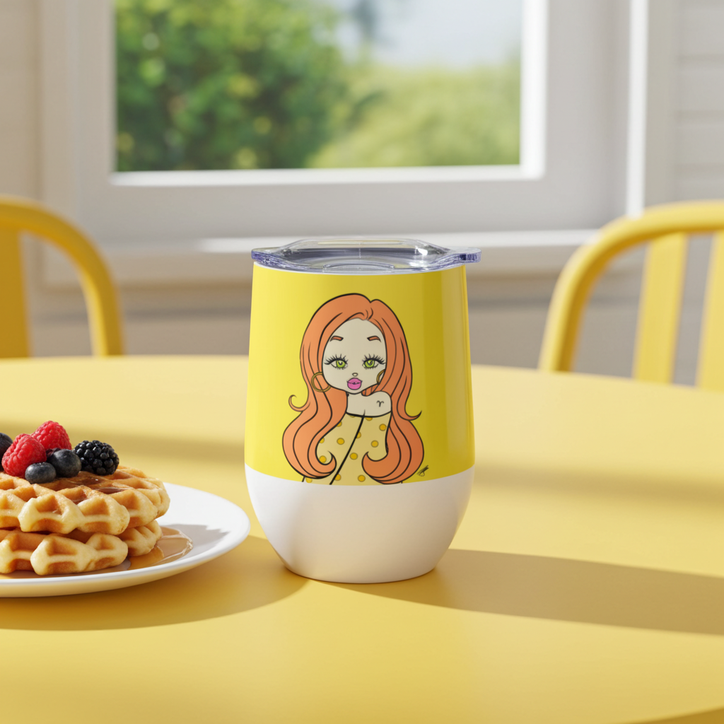 Yellow tumbler with an Aries character on a yellow table with waffles and berries.