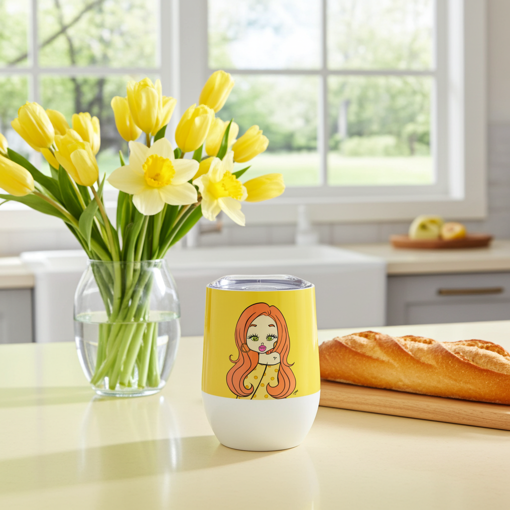 Yellow tumbler with an Aries design on a kitchen counter with flowers and bread