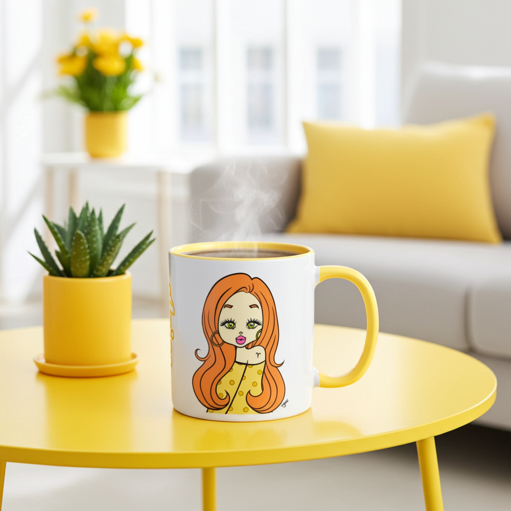 Mug with an Aries character on a yellow table in a bright living room.