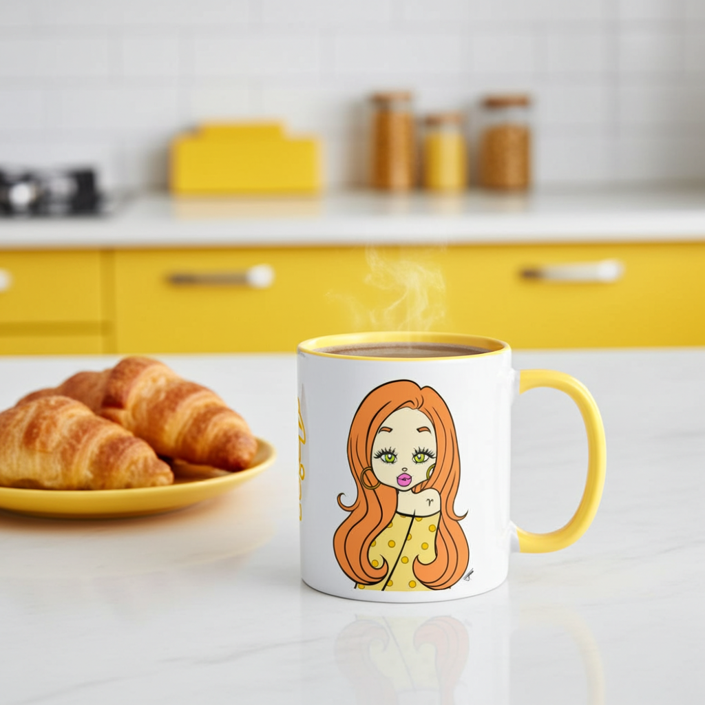 Mug with an Aries character on a kitchen counter with croissants