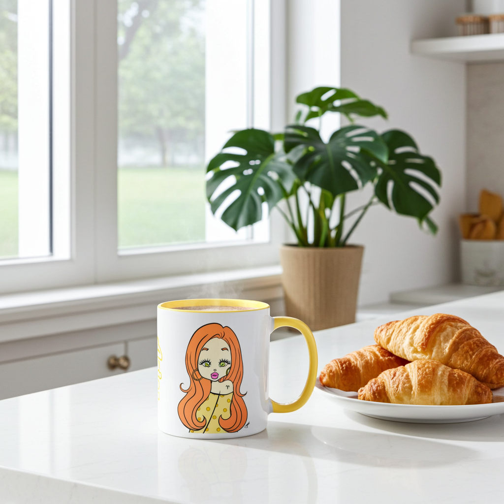 Mug with an Aries character design on a kitchen counter with croissants and a plant.