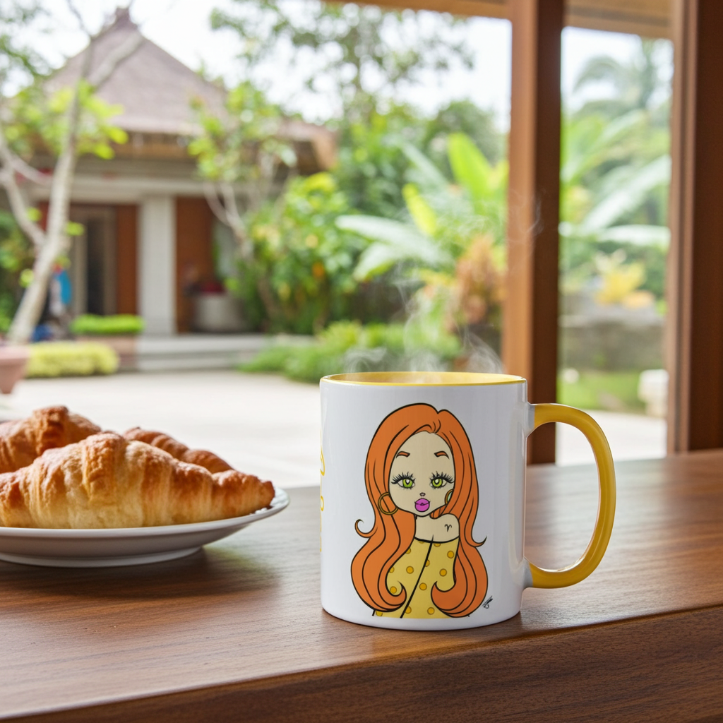 Mug with an Aries character on a table with pastries and a garden view