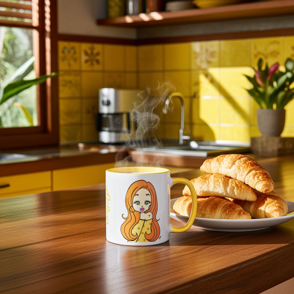Coffee mug with an Aries character design on a kitchen counter with croissants