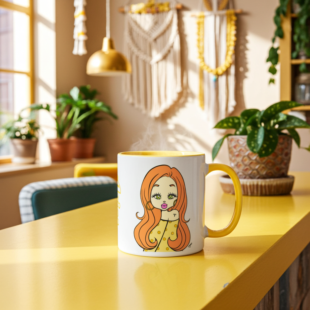 Mug with a colorful Aries character design on a yellow table in a bright room with plants and decor.