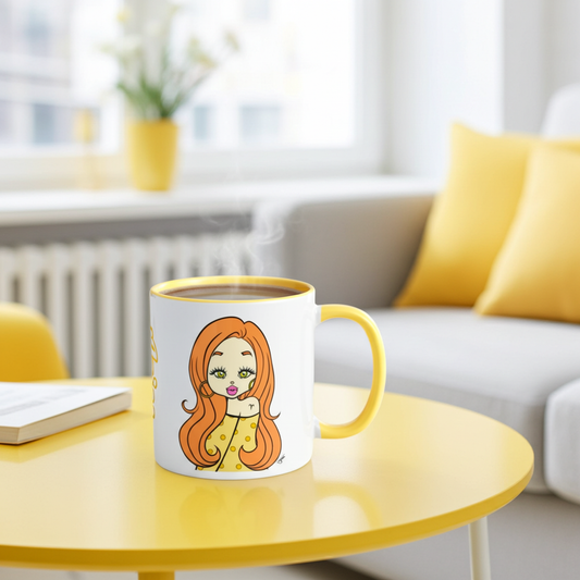 Mug with an Aries character on a yellow table in a bright room