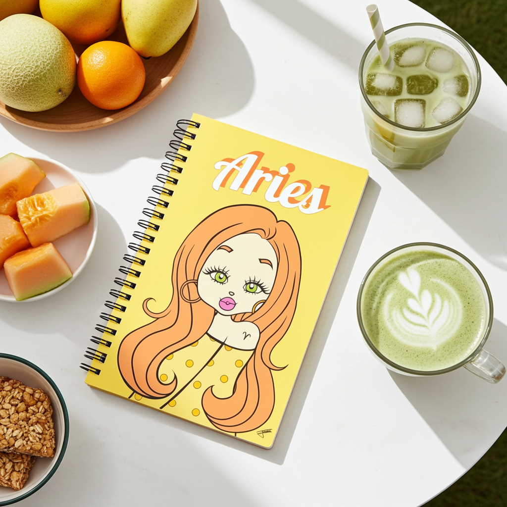 Aries notebook on a table next to fruits and matcha drinks.