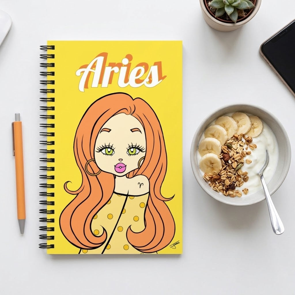 A yellow spiral notebook with a cartoon Aries zodiac illustration on the cover, styled on a white desk with a pen, a bowl of yogurt and granola, and a small plant.