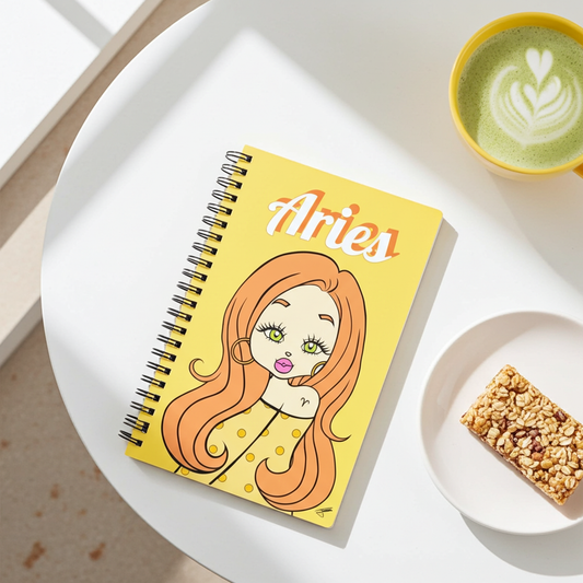 Aries notebook on a table next to a cup of matcha and a granola bar.