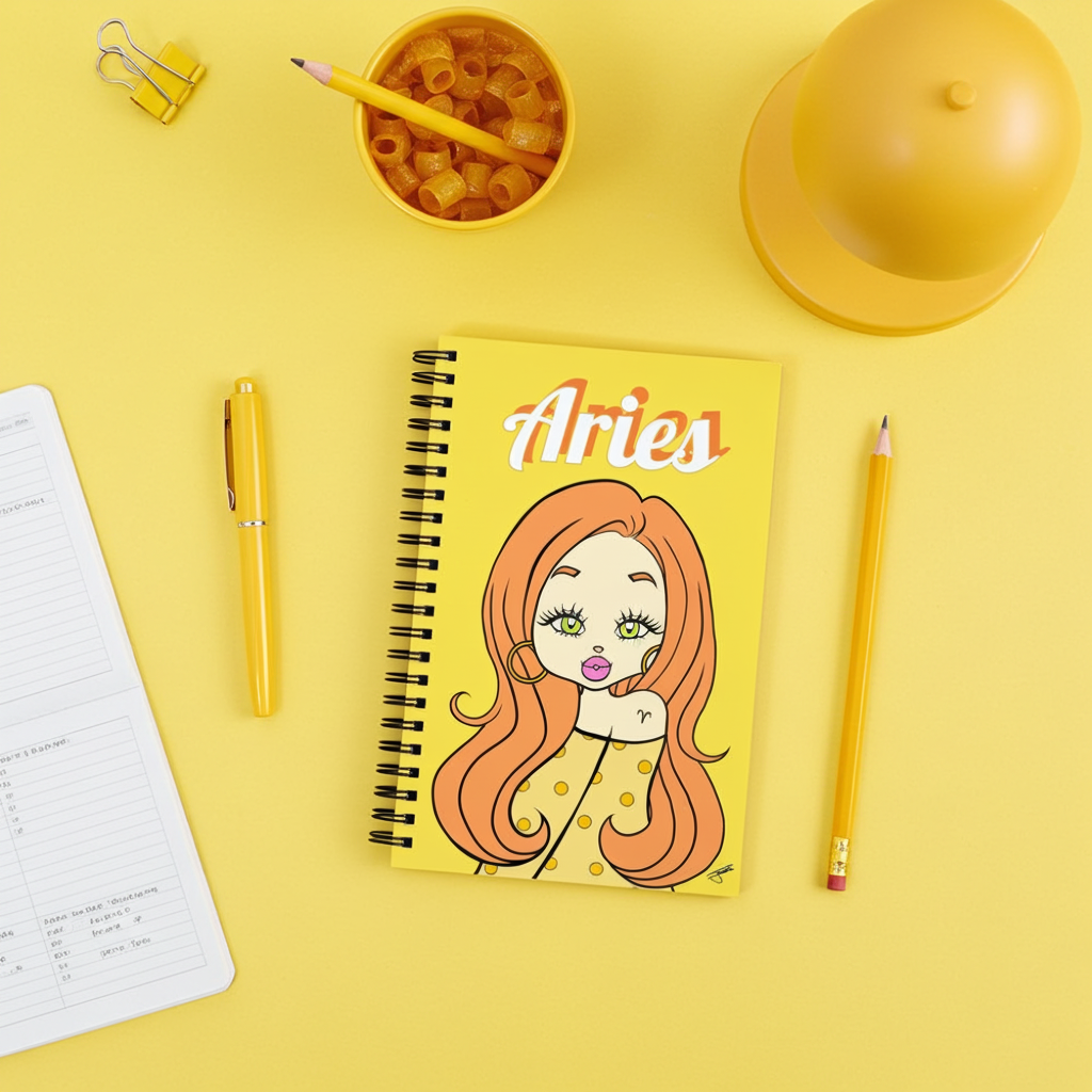 Notebook with an Aries character on a yellow background with stationery items